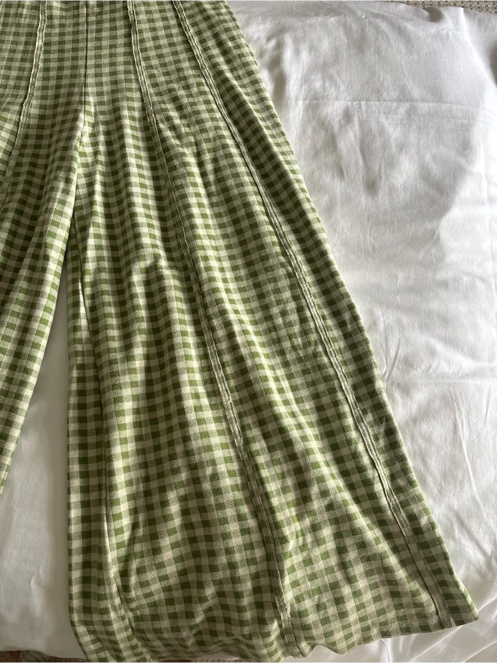 Free People Strapless Gingham Belted Midi Romper in Light Green and White